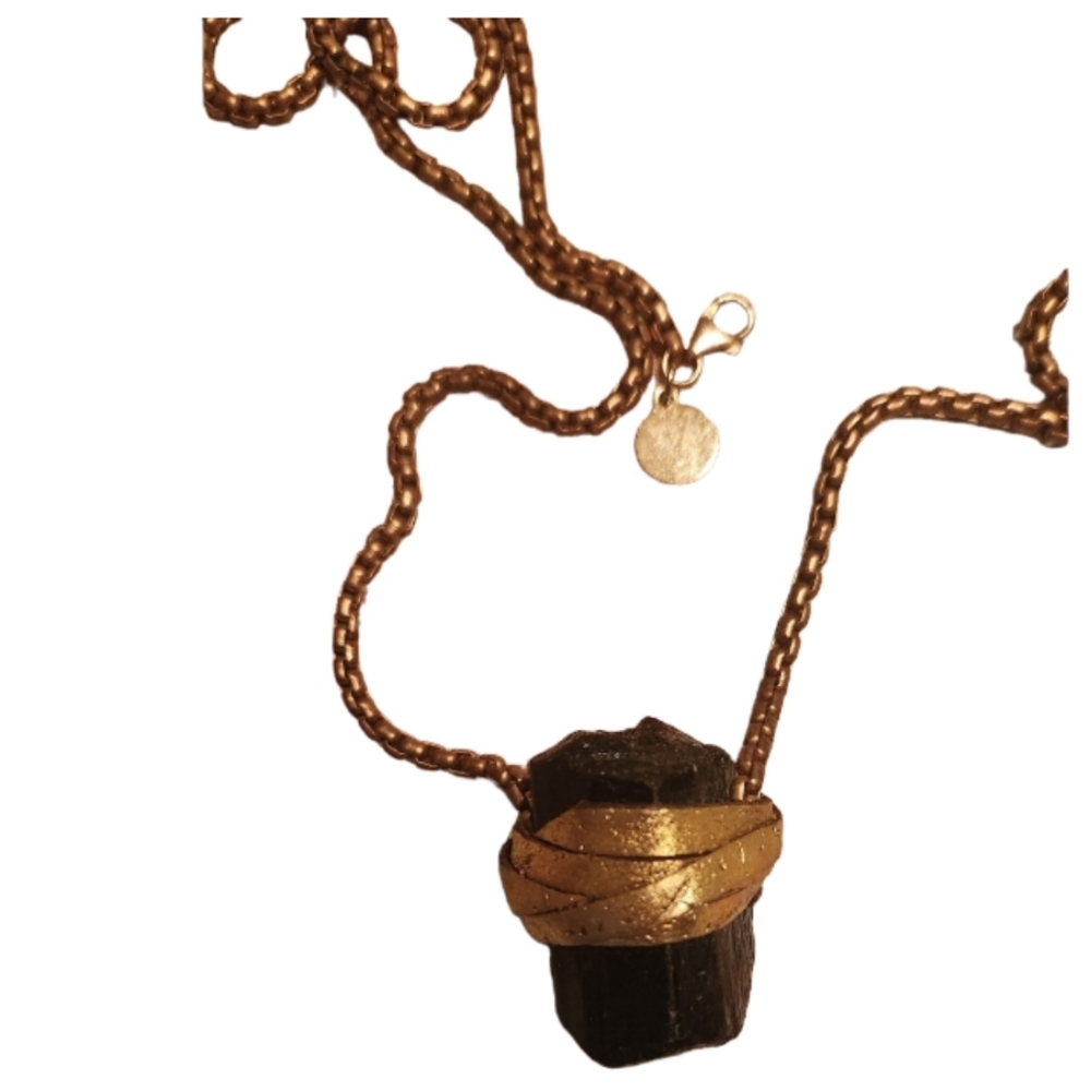 Vega gold plated black obsidian  stone wrapped in leather